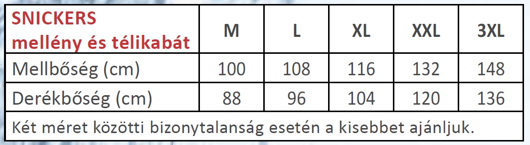 Snikcers mérettáblázat